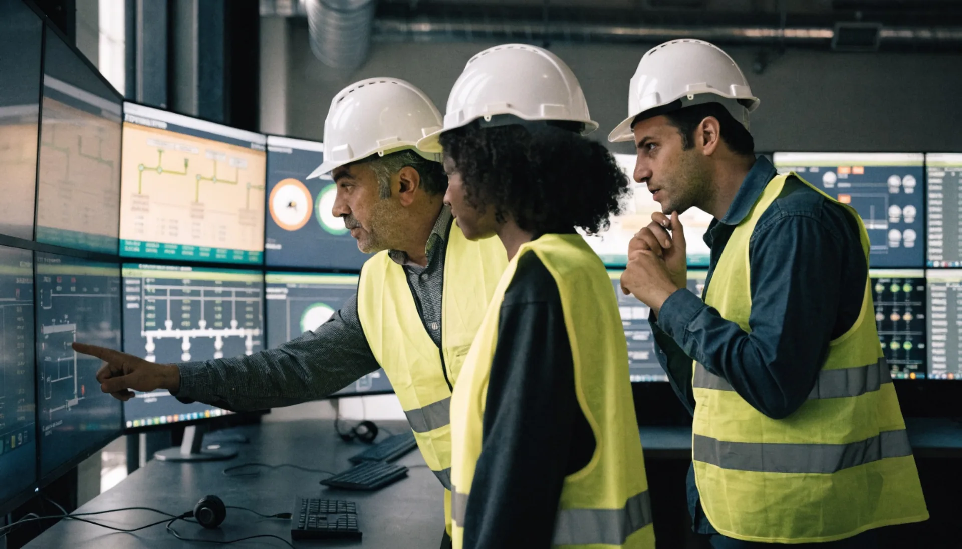 Équipe d'ingénieurs en salle de supervision industrielle