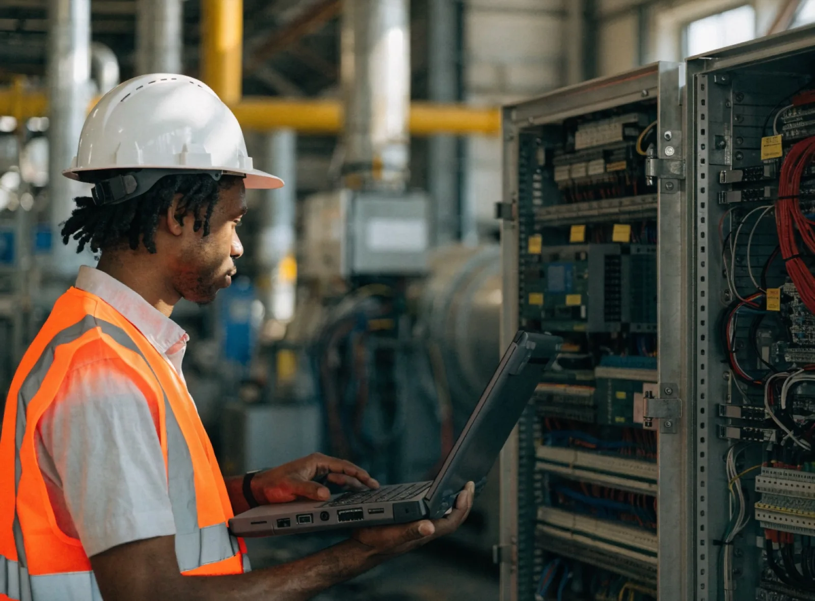 Technicien diagnostiquant une armoire de contrôle industrielle