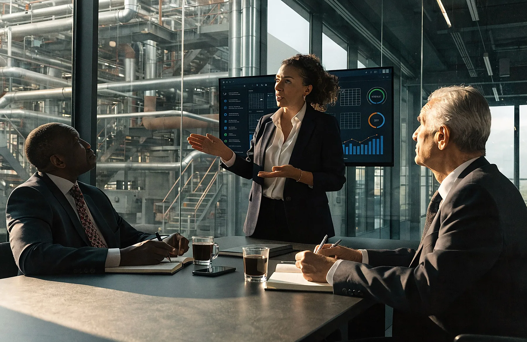 Une dirigeante présente des indicateurs de risque OT à un comité de direction, l'usine visible derrière les vitres